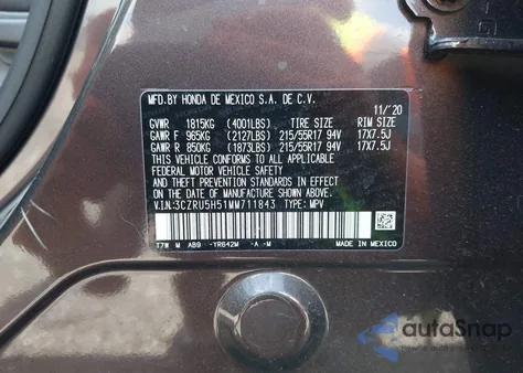 2021 Honda Hr-V 2Wd Ex из США, поврежденный, VIN 3CZRU5H51MM711843